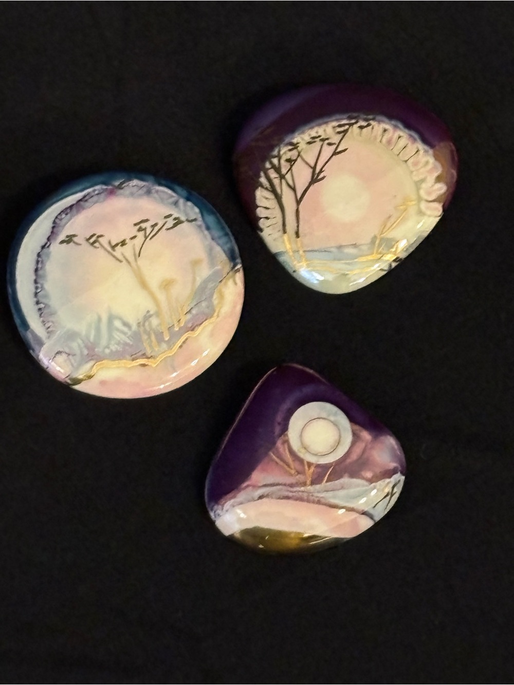 Vintage Hand Painted Iridescent Enamel Scenic Brooch Set of 3